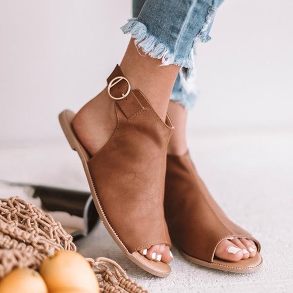 ShopFor_Fun Boutique Shoes - Ladies Slingback Open Toe Mule Flat Sandals. CAMEL
